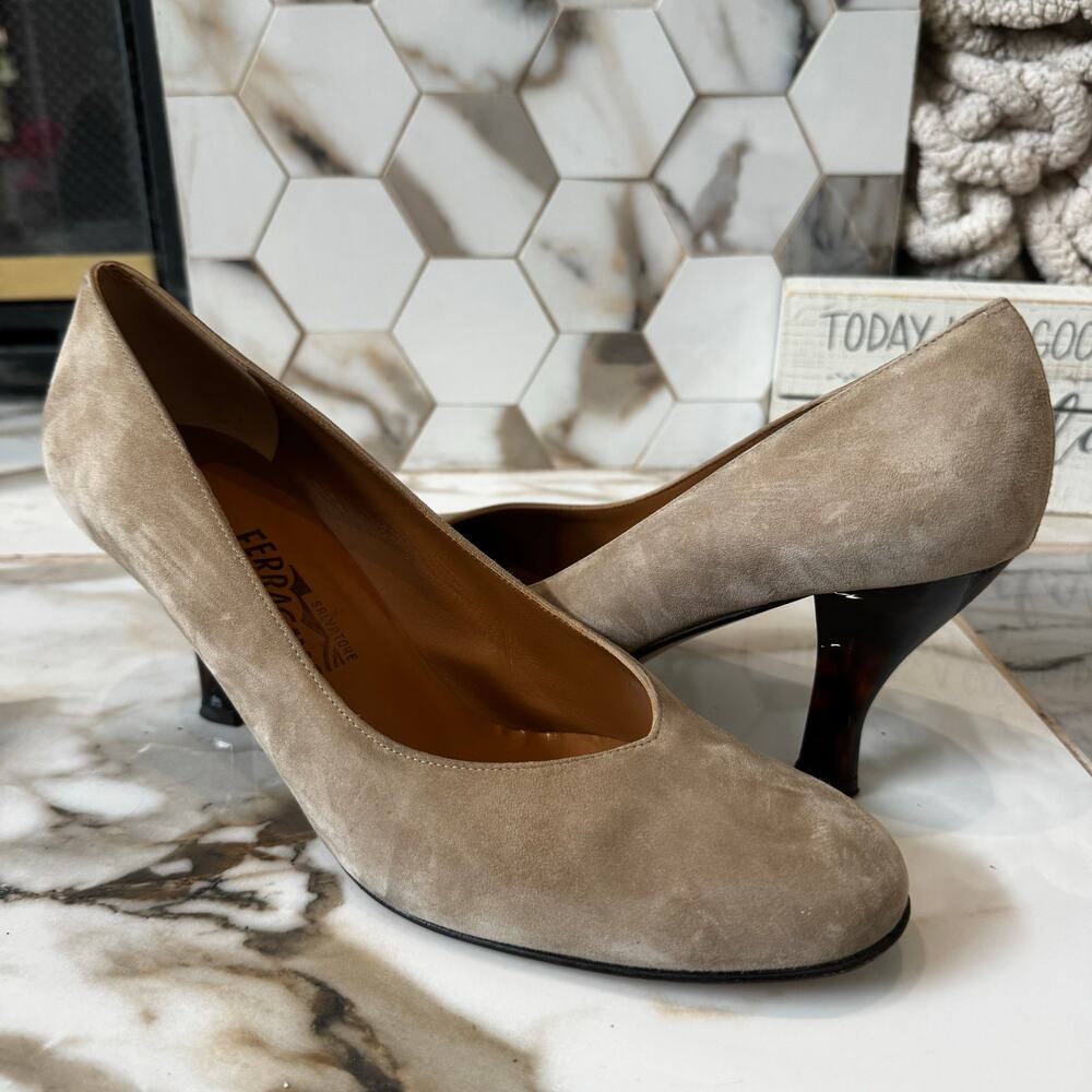 Salvatore Ferragamo Beige Suede Round-Toe Pumps